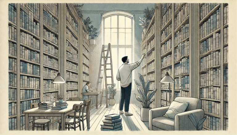 An illustration of a man researching ADHD in the library