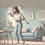 An illustration of a woman experiencing vertigo, wondering, "Can anxiety cause vertigo?"