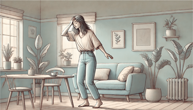 An illustration of a woman experiencing vertigo