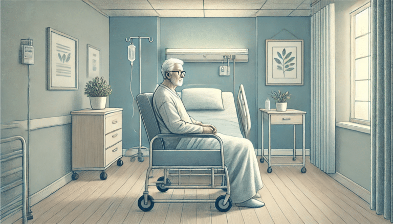 An illustration of an old man with dementia sitting in a hospital