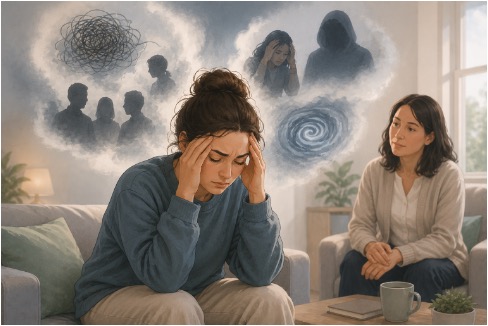 Illustration of a person experiencing stress-induced psychosis while a therapist offers calm support nearby.Â