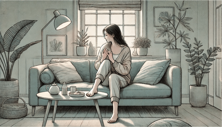 Illustration of a woman picking her skin
