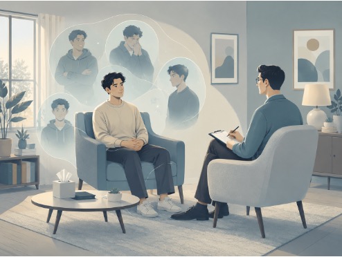 Illustration of a man in therapy discussing dissociative identity disorder, with abstract figures representing different alters around him. 