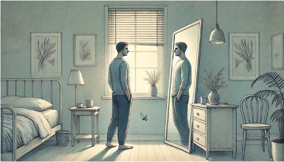 A man seeing his other personality in the mirror distorting his perception of reality