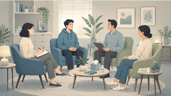 Illustration of a personalized psychosis treatment session with a client, clinician, and support team in a calm therapy room.Â