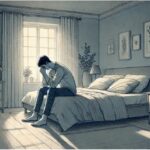 A man sitting on a bed crying.