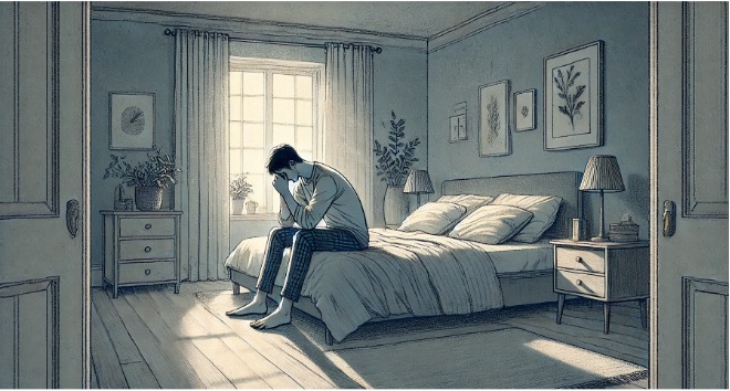 A man sitting on a bed crying.