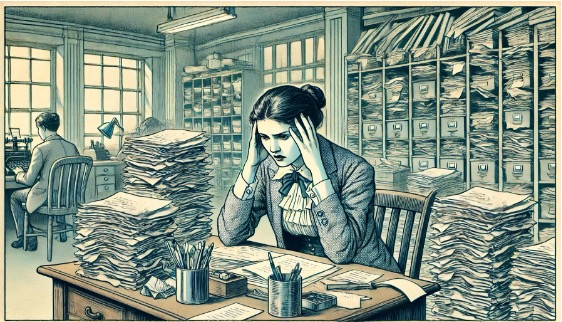 An illustration of a woman hearing voices in her head due to work stress