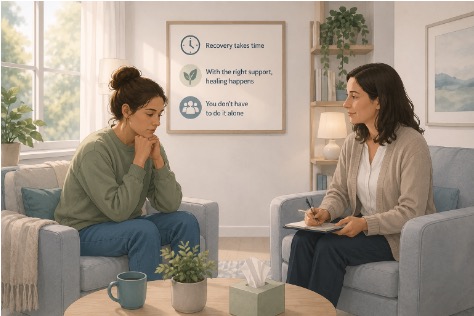 Illustration of a calm therapy room showing support during stress-related psychosis recovery.