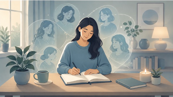 Illustration of a person journaling while reflecting on different identities and emotions in a calm room. 