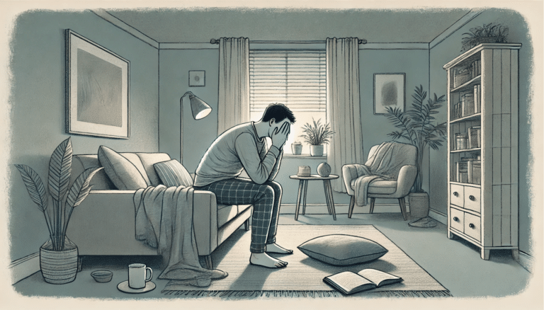 man in deep thought sitting on a couch