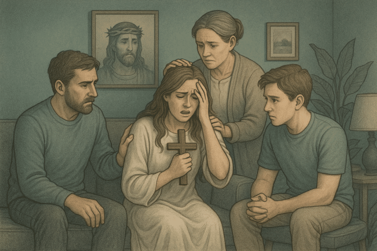 An Illustration of a family offering support to a woman suffering from religious psychosis