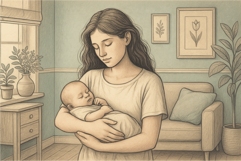 An illustration of a woman holding a new born baby