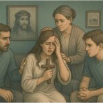 An Illustration of a family offering support to a woman suffering from religious psychosis