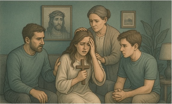An Illustration of a family offering support to a woman suffering from religious psychosis