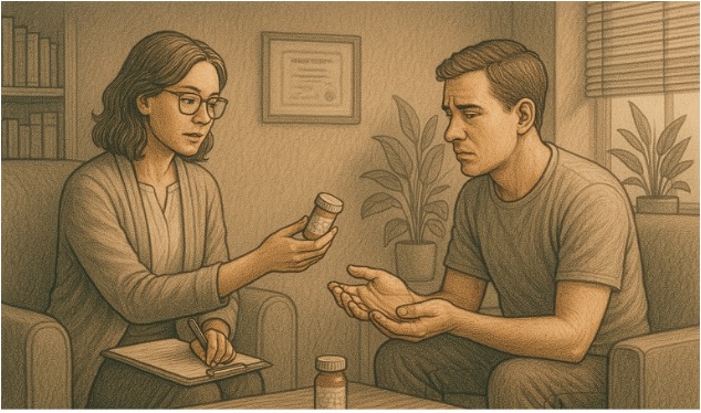 Illustration of a mental health professional prescribing medication to a patient