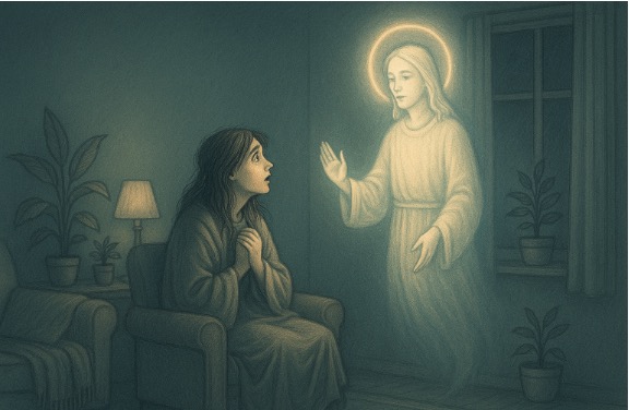 An illustration of a woman believing that a supernatural being is speaking to her.
