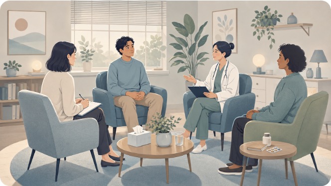 Illustration of a supportive mental health care team meeting with a client in a calm room, showing therapy, medical support, and personalized treatment.Â