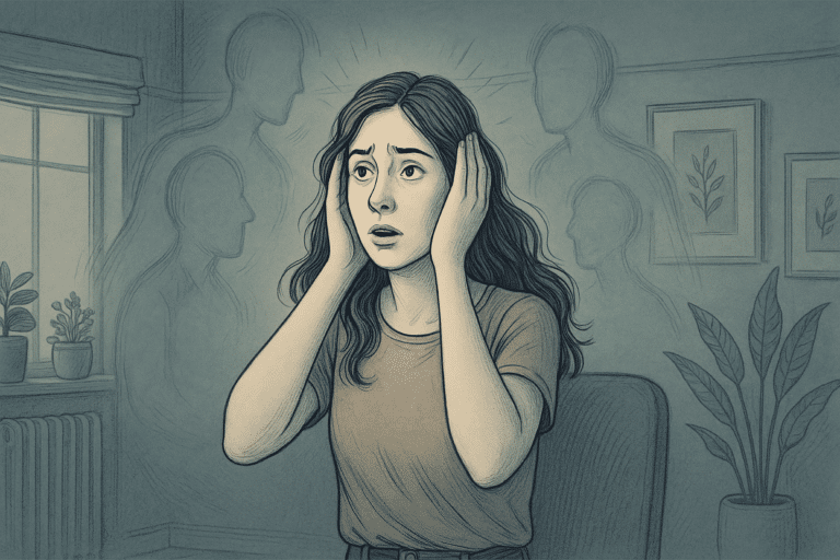 Illustration of a woman hearing voices