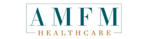 teal letters spelling AMFM with light brown letters beneath spelling HEALTHCARE