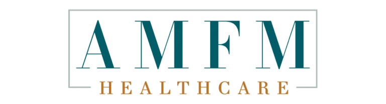 teal letters spelling AMFM with light brown letters beneath spelling HEALTHCARE
