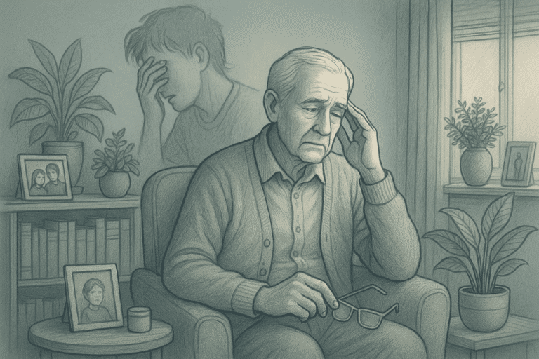 mature man suffering from dementia due to past trauma