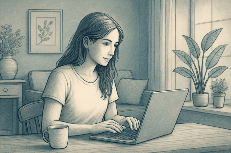 woman researching on her laptop