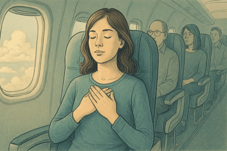 An illustration of a woman calming down while on a plane