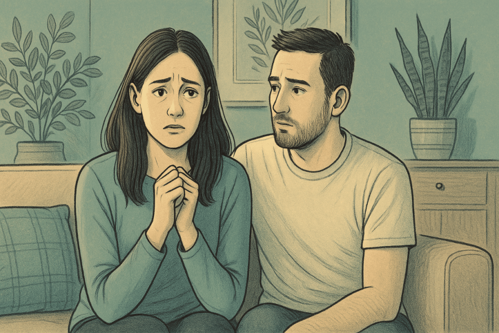 An illustration of a woman looking anxious with her husband present, thinking, "my husband gives me anxiety attacks".
