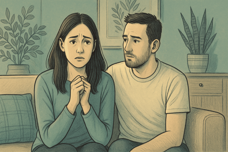 An illustration of a woman looking anxious with her husband present