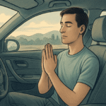 Illustration of a man in a car practicing calming techniques to handle a panic attack while driving