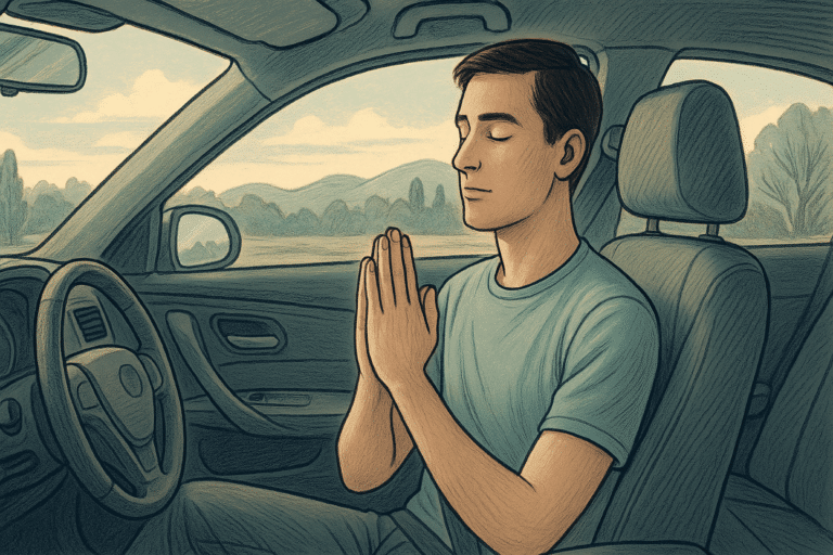 Illustration of a man in a car practicing calming techniques