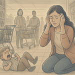 Illustration of a mother having panic attack from child throwing a tantrum in a grocery store, experiencing parental anxiety