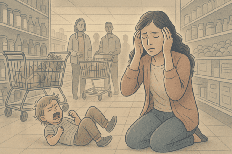 Illustration of a mother having panic attack from child throwing a tantrum in a grocery store