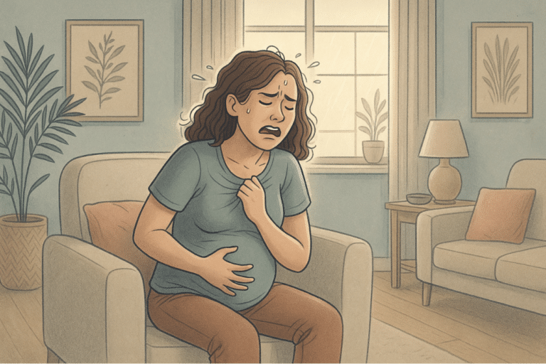 Illustration of a pregnant woman experiencing a panic attack