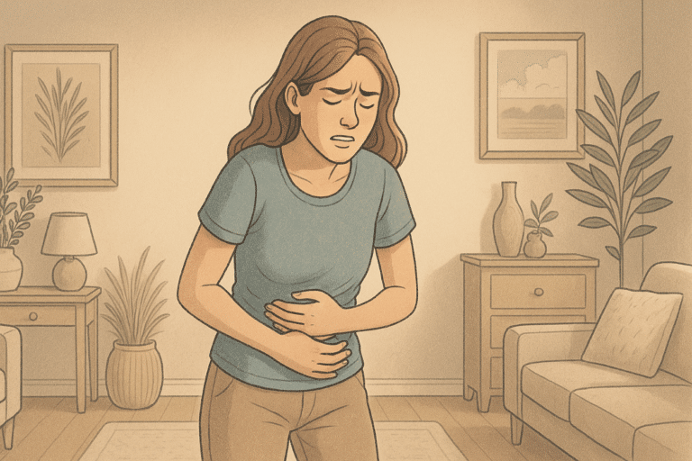 Illustration of a woman experiencing panic attack from the need to go to the bathroom
