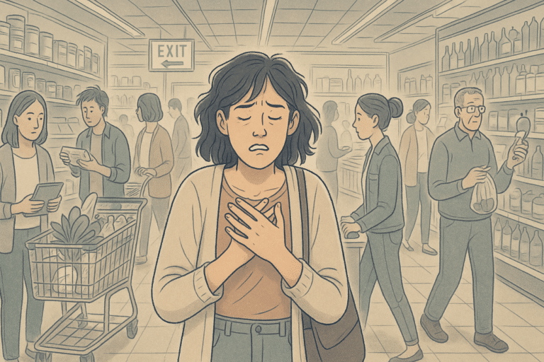 Illustration of a woman having a panic attack in a crowded grocery store