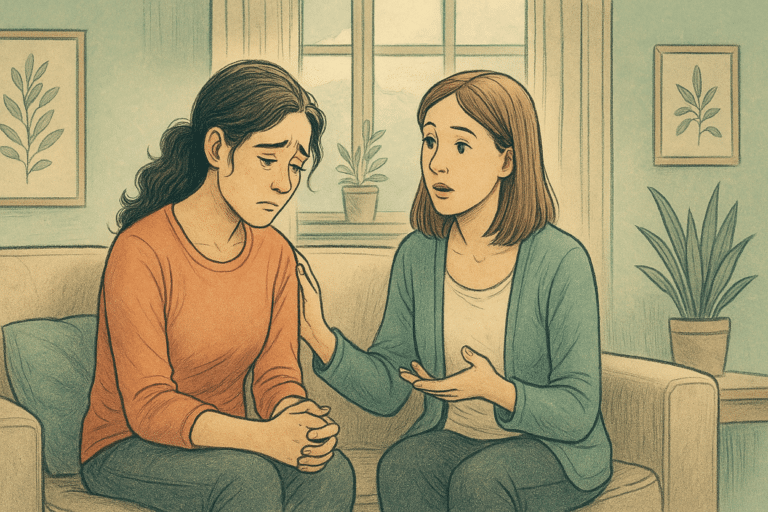Illustration of a woman talking to her friend with PPD