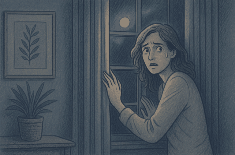 A woman nervously watching her window in fear