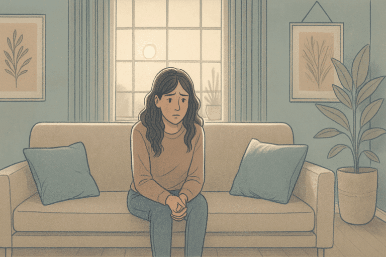 A woman sitting alone on a couch
