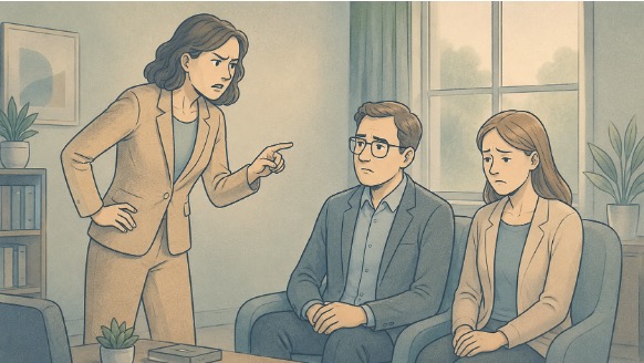 A woman talking down to her two associates, displaying dramatic behavior