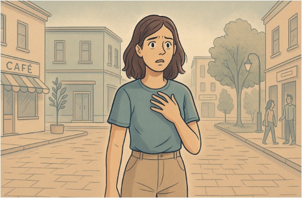 Illustration of a woman unsure of where she is in a downtown area