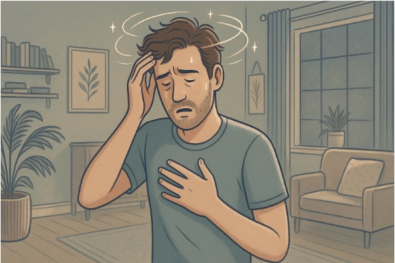 Illustration of a man experiencing dizziness in a living room