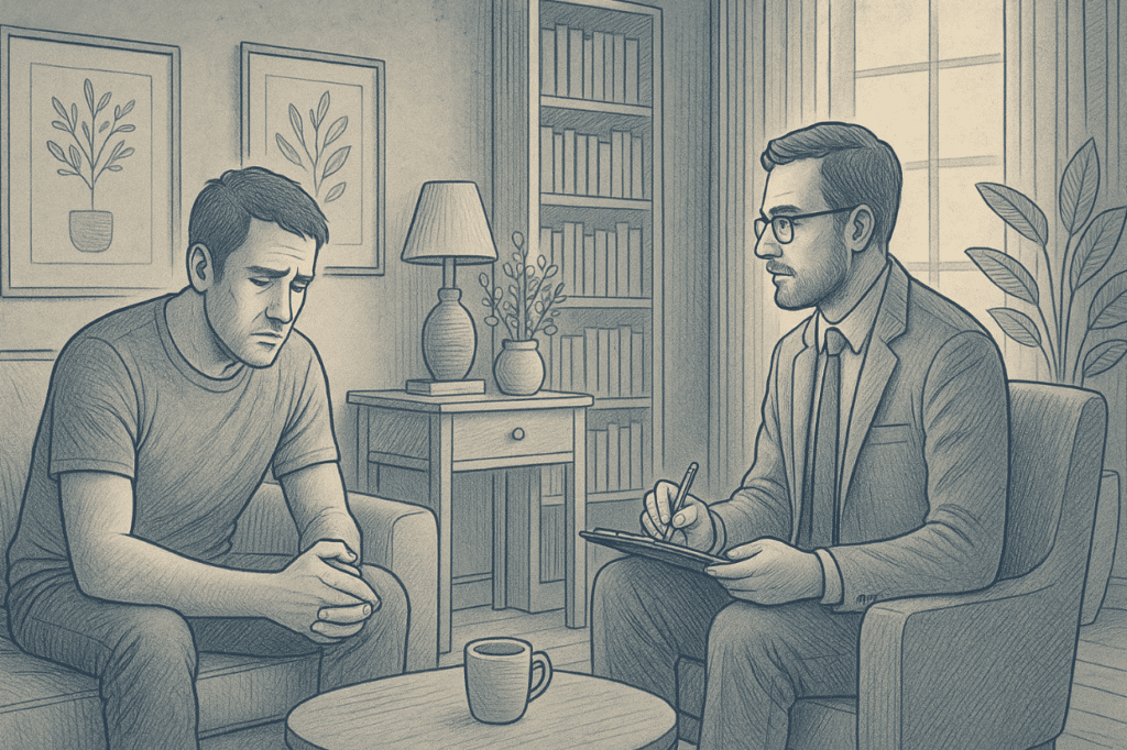 Illustration of a man speaking with a therapist, receiving cognitive behavioral therapy for delusional disorder