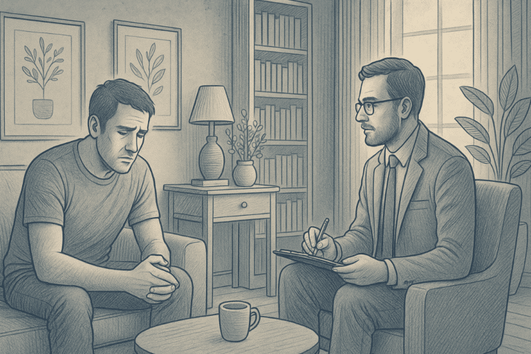 Illustration of a man speaking with a therapist