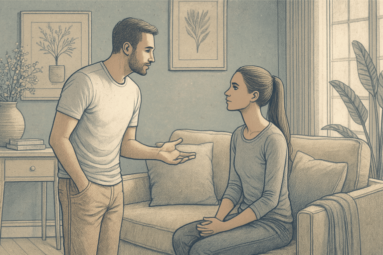 Illustration of a man talking to his wife