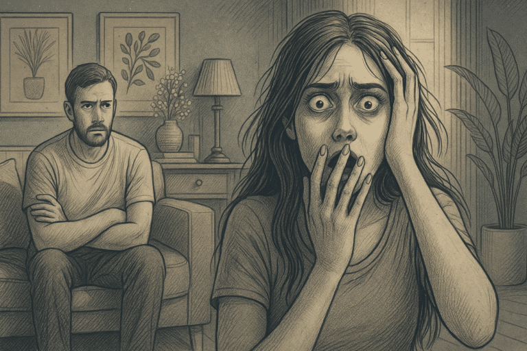 Illustration of a man watching his wife display psychotic symptoms