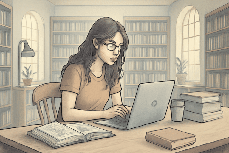 Illustration of a woman researching in the library with her computer about schizoaffective disorder