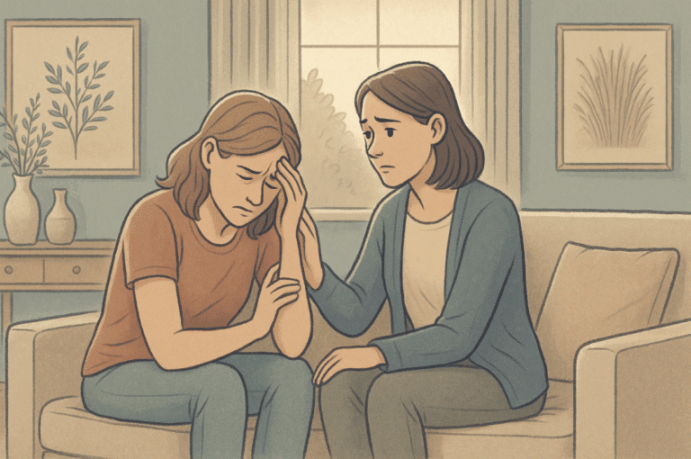 Illustration of a woman supporting her friend having a mental breakdown
