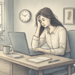Illustration of a woman with anxiety working, exhibiting the 7 signs of high-functioning anxiety
